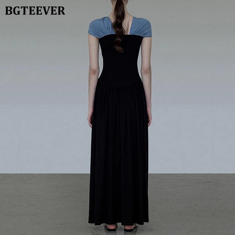 BGTEEVER Stylish Slash Neck Patchwork Knitted Dress for Women Elegant Slim Waist Sleeveless Women Dress Summer Vestidos