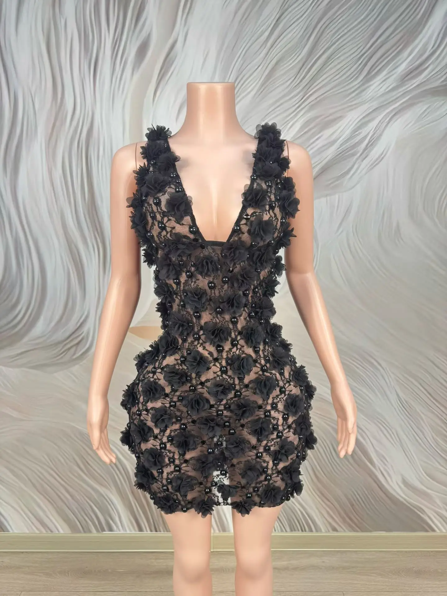 

Huaduo Elegant Women V-neck Dress Sexy Black Lace Floral Dress Wedding Birthday Cocktail Prom Gowns Bespoke Occasion Dress