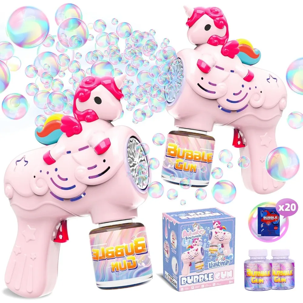 

Пистолет для пузырей для детей с 2 различами для заправки бутылок, 2 упаковки пистолетов для изготовления пузырей с единорогом для детей, девочек, малышей, 3–8 воздуходувок для пузырей