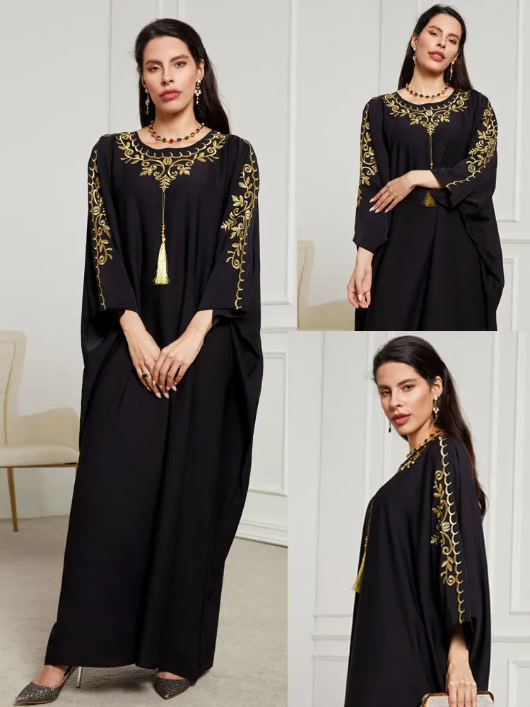 Muslim Batwing Sleeve Tassel Embroidery Kaftan Corban Eid Al Adha Party Evening Dress Moroccan Turkey Dubai Abaya Women Robe