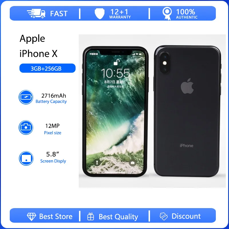 

Apple iPhone X 4G Face ID Mobile Phone Original Used Unlocked 5.8" 64/256GB ROM Hexa-core IOS 12MP Camera Smartphones