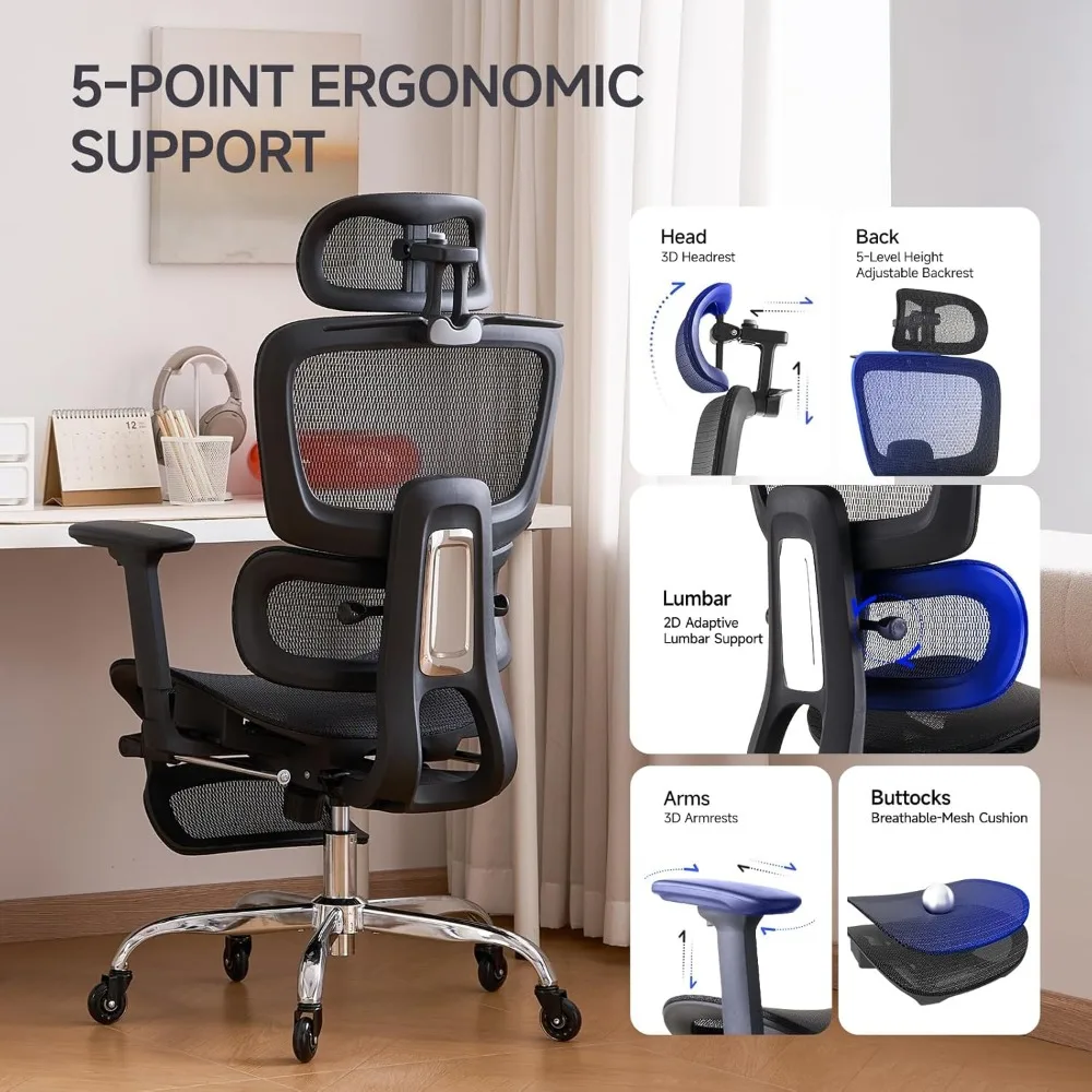 Ergonomic Office Chair with Neck Support and Footrest, Adjustable Backrest Computer Chair with 3D Armrests and Rubber Wheels