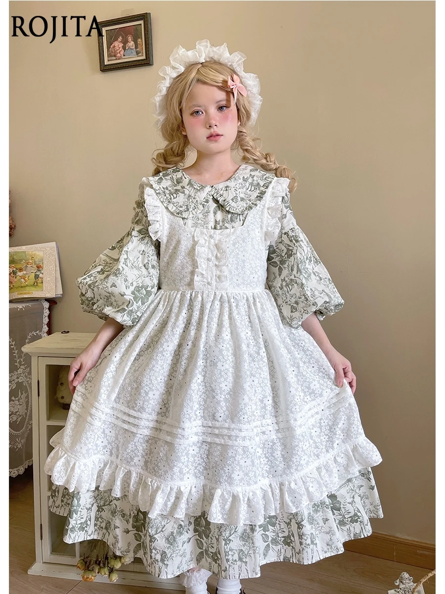 

Retro Cute High Waist Green Floral Dress Women's Doll Collar Print Medium Length Women Dress 2025 Summer New Vintage Dress