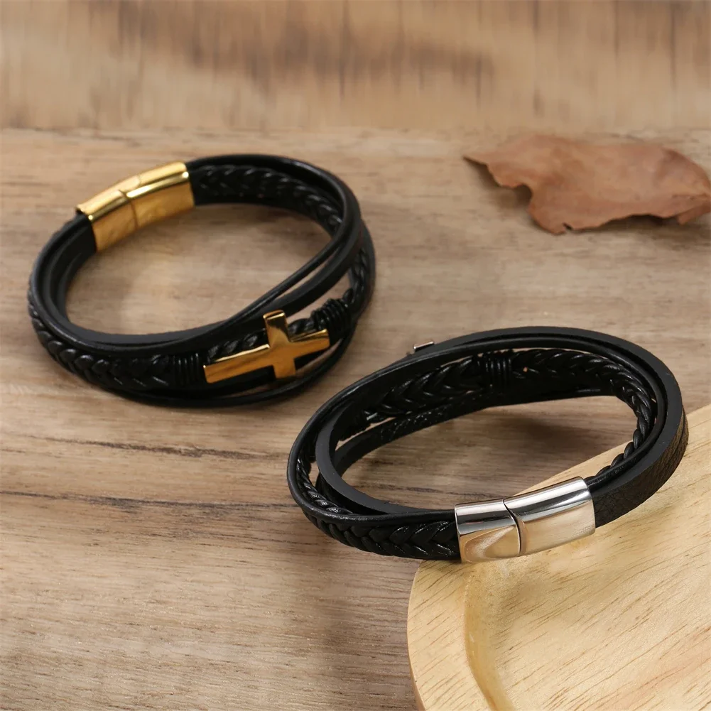 Personalized Jewelry Handmade Weave Leather Cross Bracelet Men Vintage Cuff Leather Magnet Bracelet Pulsera Hombre