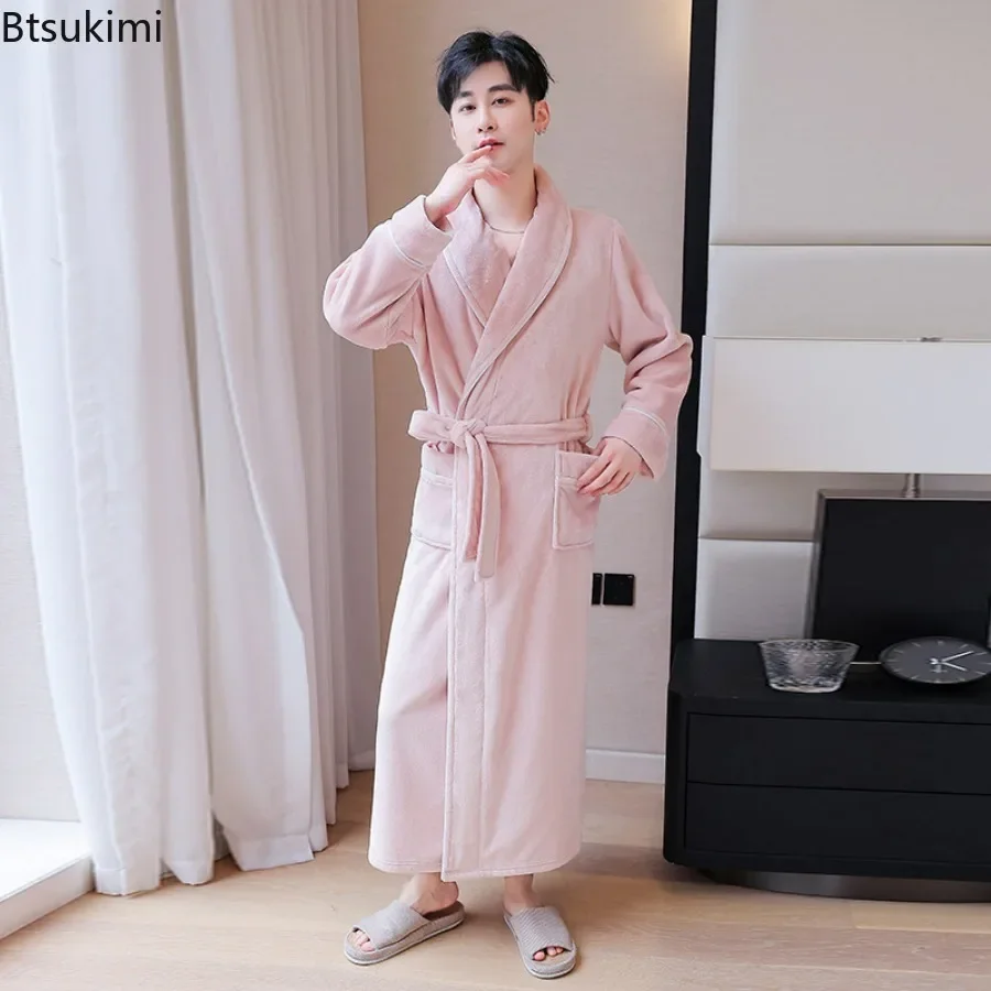 2024 Men\'s Autumn Winter Thicken Flannel Robes Dress V Neck Warm Bathrobe Men Couple Casual Comfortable Robe Dress for Sleepwear