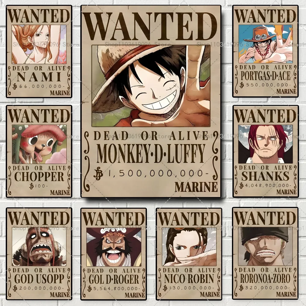 Arte de Anime Retro de una pieza, póster de Luffy, Zoro, Chopper, autoadhesivo, pegatina de papel impermeable, decoración de pared de sala de Bar, cafetería y casa