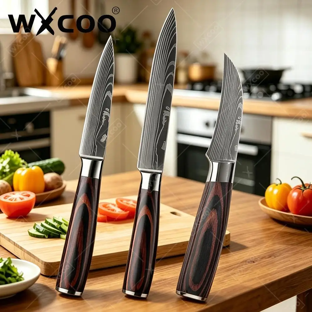 WXCOO Professional Santoku Knife Damascus Pattern Knives Meat Cleaver Fruit Slicing Stainless Steel Kitchen Utility Knife