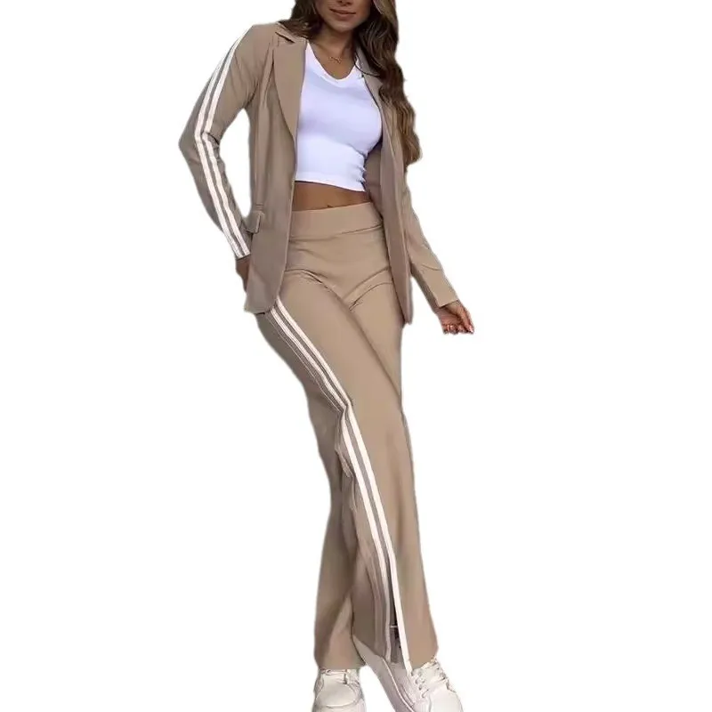 Women's Long Sleeve Notched Collar Striped Plaid Blazer with Pocket Wide Leg Pants Set 2026 Spandex Blend Button Front Patchwork