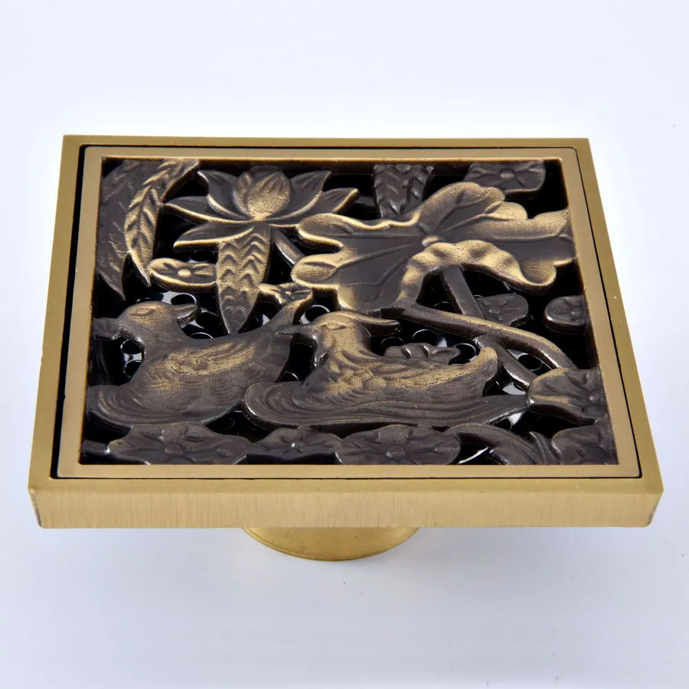 Antique Brass Carved Flower Bird Pattern Bathroom Shower Drain 4