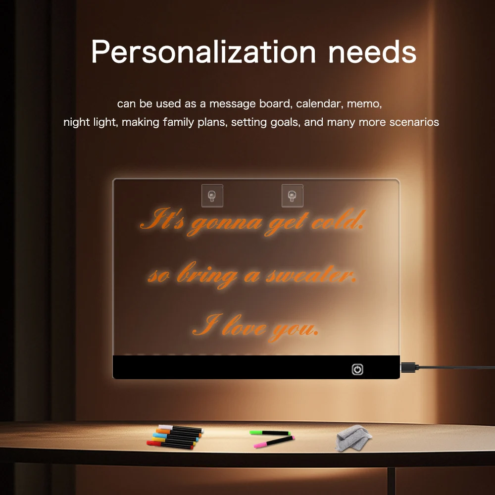 13.77 "x 9.84" - Planche à dessin lumineuse transparente en acrylique, planche magique LED pour mémo effaçable à lueur, avec stylo marqueur de 7 couleurs et support