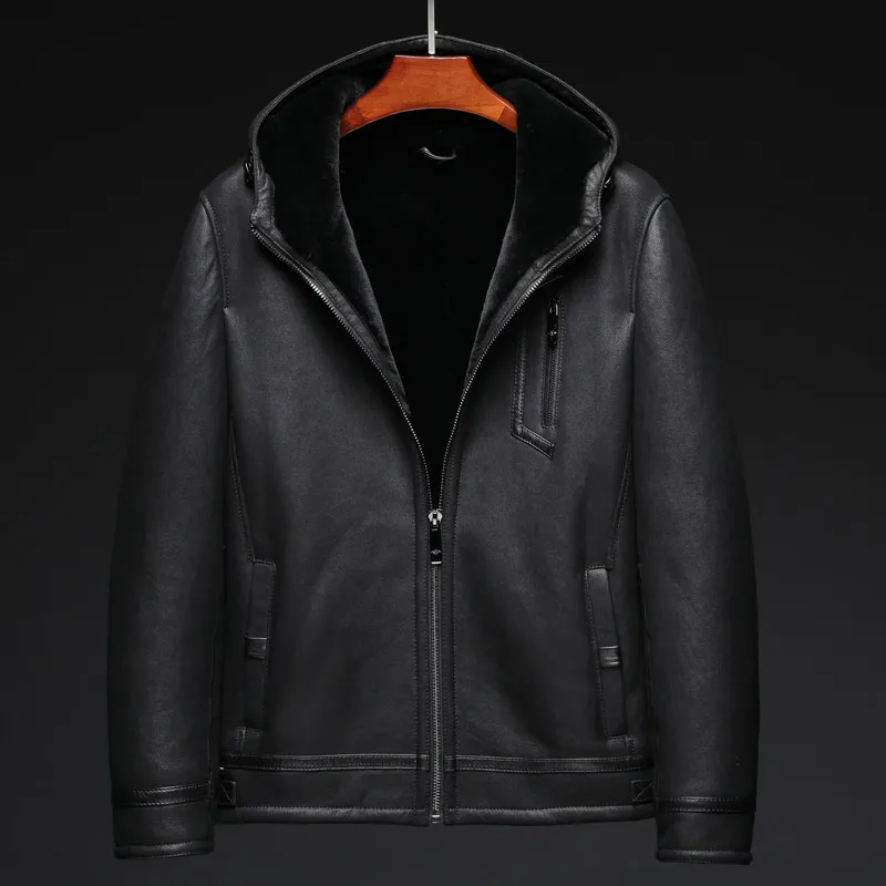 AYUNSUE Luxury Natural Fur Coat Man High Quality 100% Genuine Sheepskin Shearling Jacket Men Hooded Winter abrigo piel hombre
