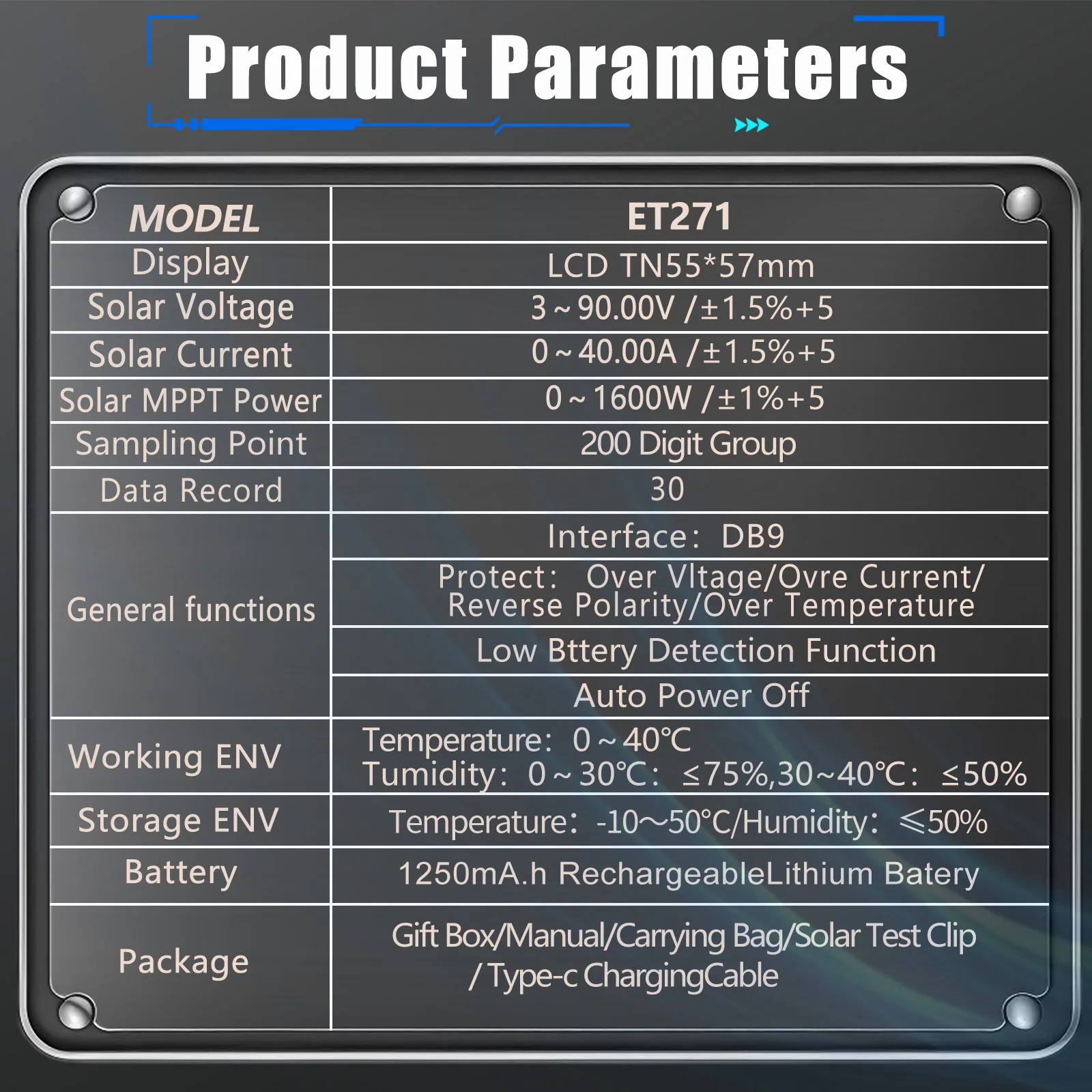 TOOLTOP ET271 2000W Solar Power Tester MPPT 3.2-Inch Screen Photovoltaic Meter Voltage Current Test Overvoltage Protection funct