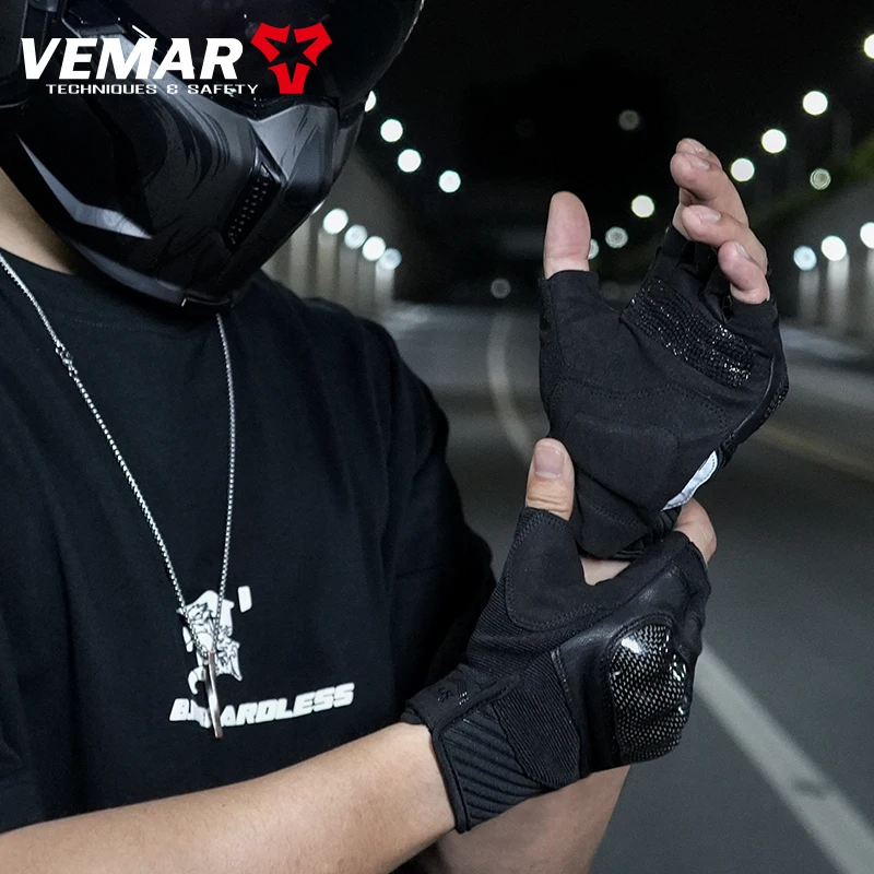 VEMAR-Luvas sem dedos de motocicleta para homens e mulheres, meio dedo, couro, ciclismo, curto, tático, moto, respirável, motocross, verão