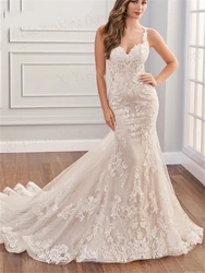 Vestidos de casamento lindos de sereia, alças espaguete graciosos, apliques de renda, vestidos de noiva personalizados, trem de quadra, botão sem costas