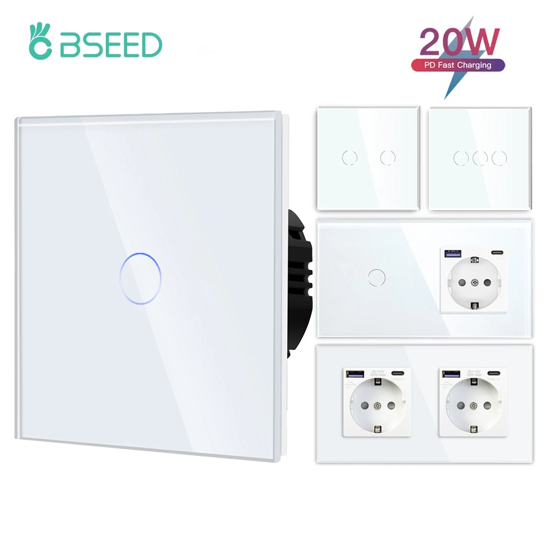 BSEED 1/2/3Gang Touch Switch 1Way Sensor Light Switch Plus 20W Type-c USB Charging  Ports Power EU Sockets Glass Panel White