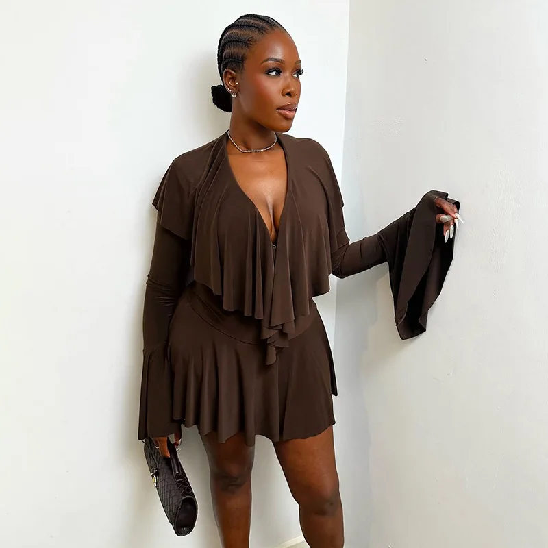 Sukienka mini XIAOTANG z falbankami, obcisła, seksowna, jesienna moda, głęboki dekolt w serek, rozkloszowane rękawy, codzienna sukienka na imprezę, wieczorowa, czarna, brązowa