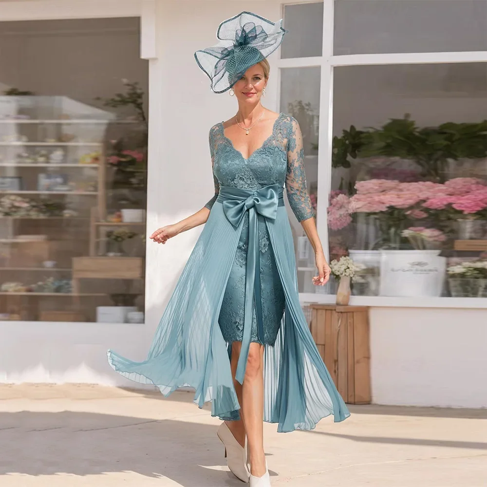 Customized Lace Mother of The Bride Dress with Detachable Chiffon Skirt V Neck 3/4 Sleeves Knee Length Wedding Guest Gown