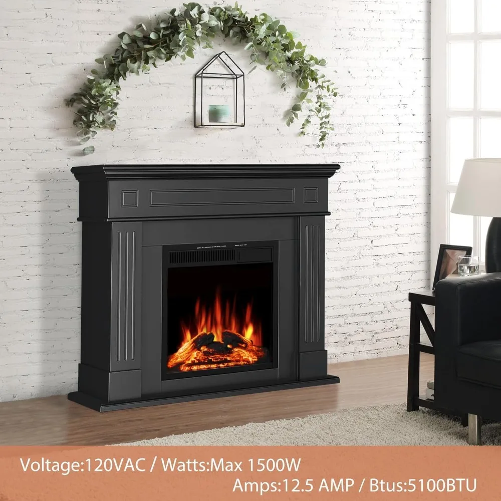 Lareira elétrica de 44" com mantel surround, aquecedor de lareira autônomo LED de 750 W/1500 W com chama realista, ajustável