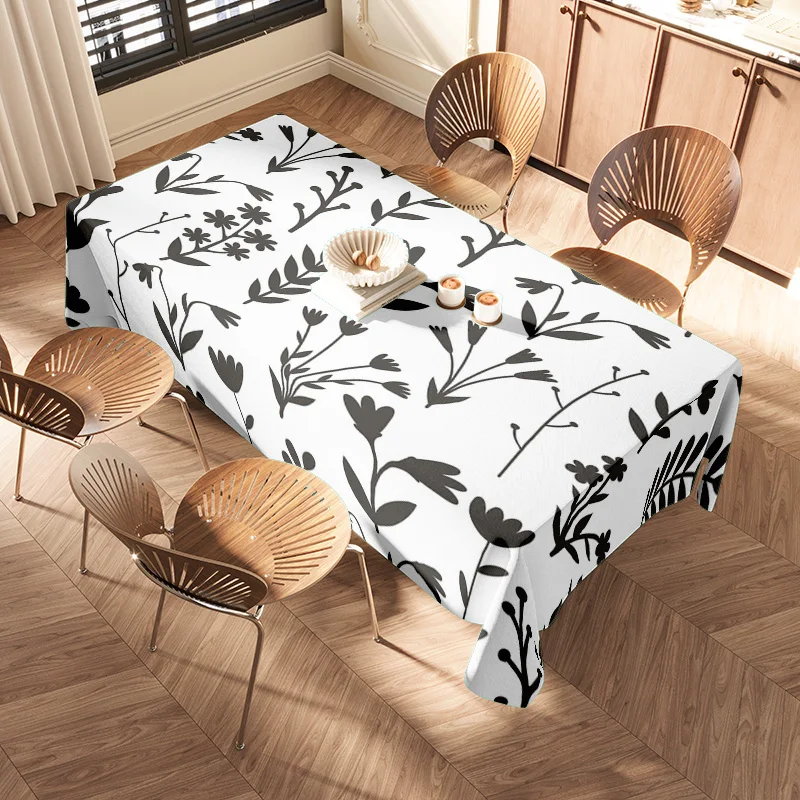 Modern Floral Print Tablecloth White Black Design Non-Slip Dining Cover for Home Decor Rectangular 60x120cm