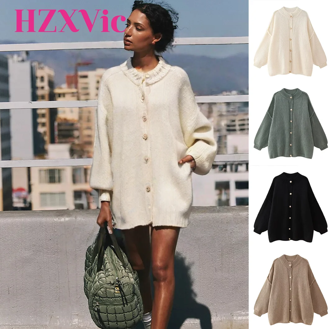 

HZXVic женский кардиган с круглым вырезом и металлическими пуговицами, свободный крой, французская мода, витой цветок, универсальный стиль