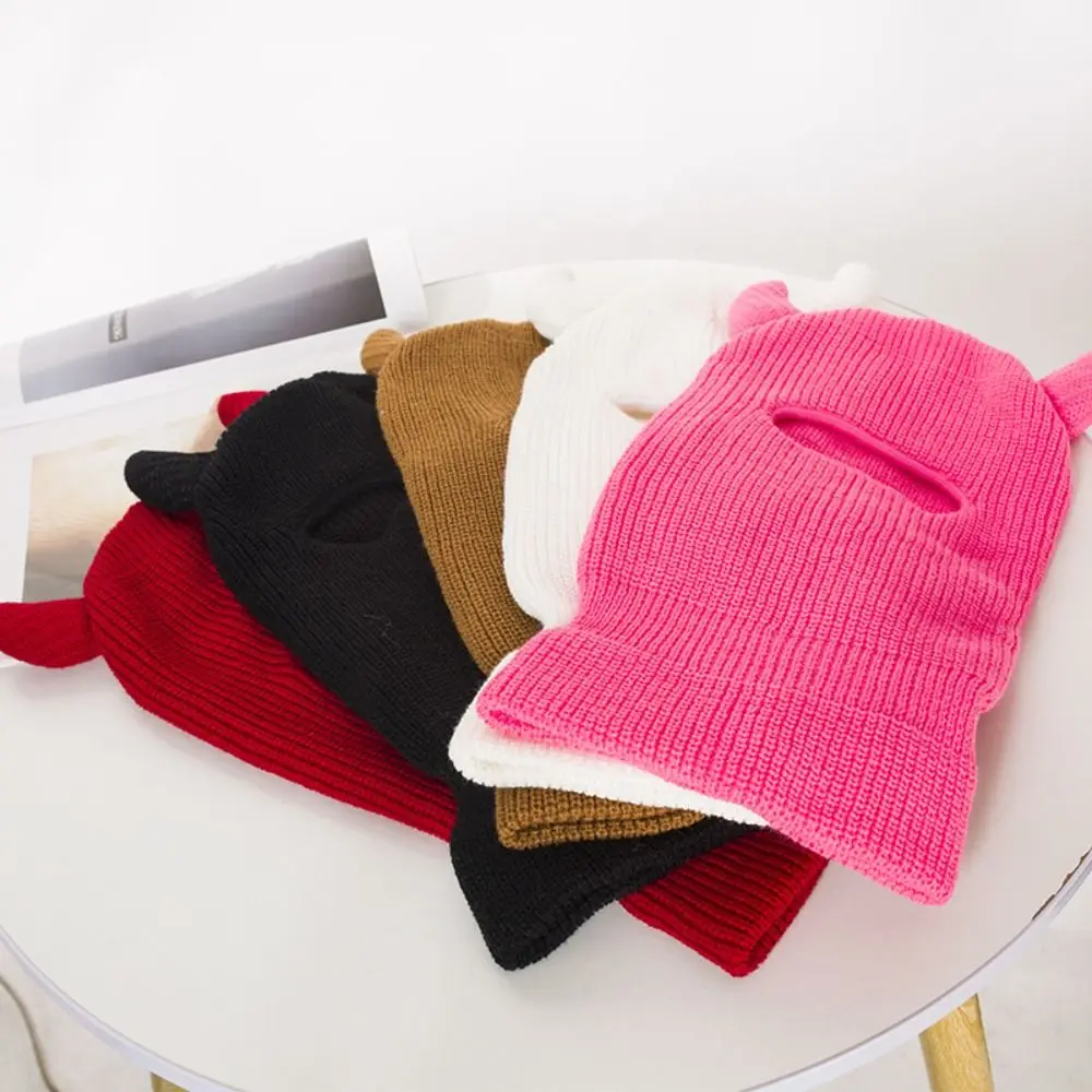 

Pullover Hat Horns Balaclava Knitted Caps Single Hole Ox Horn Full Face Ski Mask Breathable Warm Halloween Cotton Hat