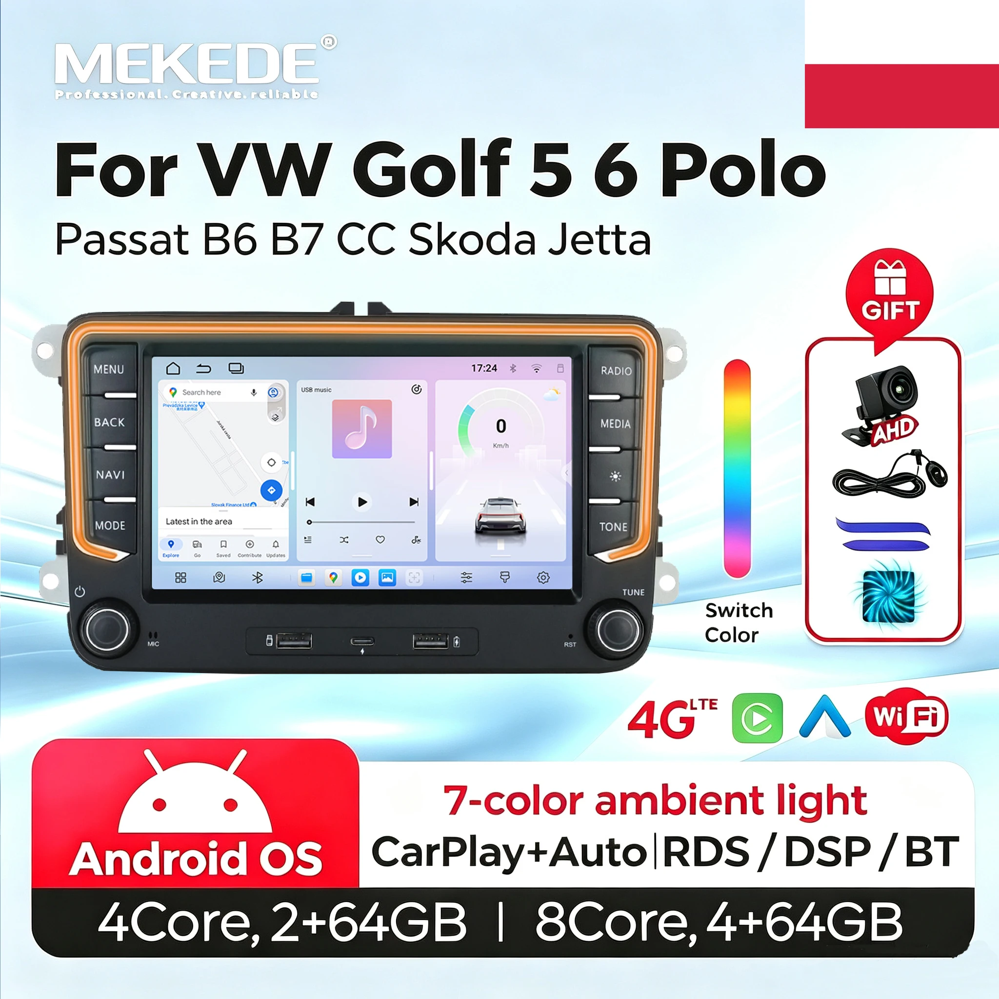 MEKEDE Polen Lager 4G 64GB Autoradio Android 15 7 Zoll GPS für VW Volkswagen Skoda Octavia Golf 5 6 Touran Passat B6 Polo Jetta Shark Caddy Wireless Carplay DSP Multimedia BT Stereo Video Player Head