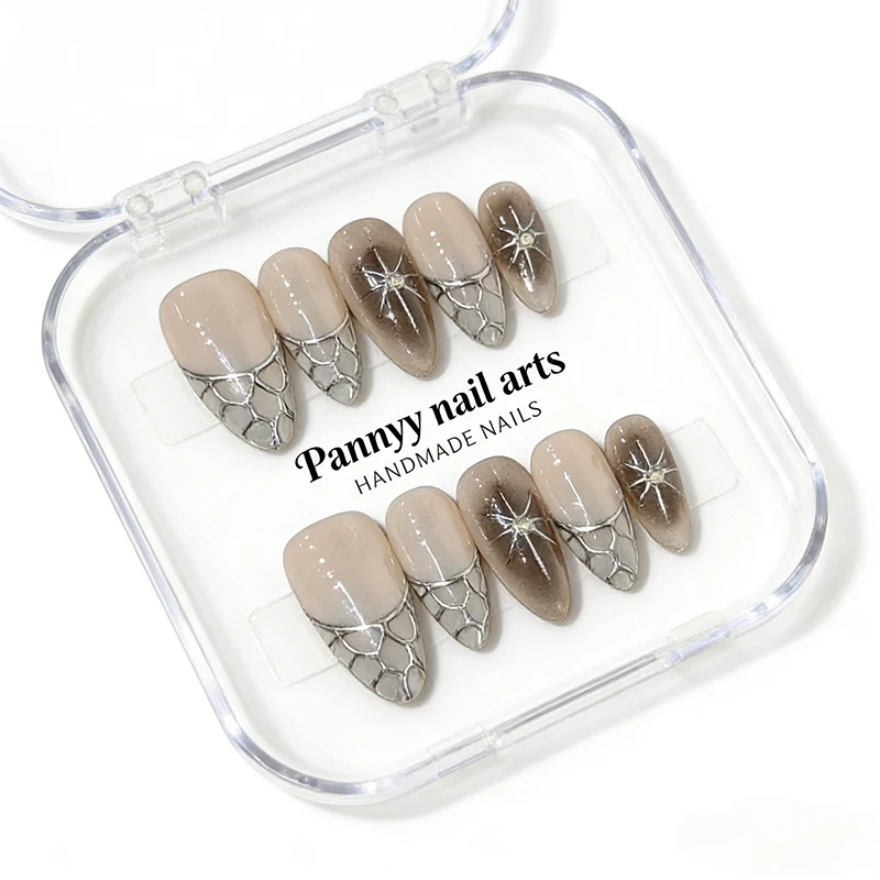 

10pcs Almond Press on Nails Cyber Web with Rhinestone Star Decor Futuristic Minimalist Reusable Fake Nails for Party Daily Looks