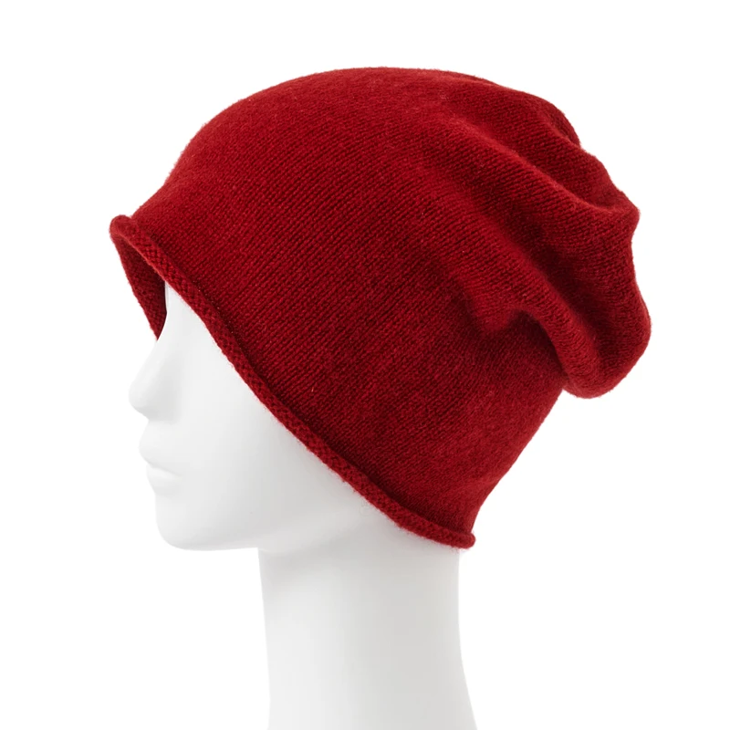 Women 100% Pure Cashmere Beanies Solid Caps Rolled Hem Hat Casual Basic Soft Autumn Winter Real Cashmere Warm Sleep Hair Bonnet