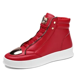 Sapatilhas de couro vermelho com zíper para homens, sapatos altos, sapatilhas de plataforma, sapatos de skate planos, designer de pele de cobra