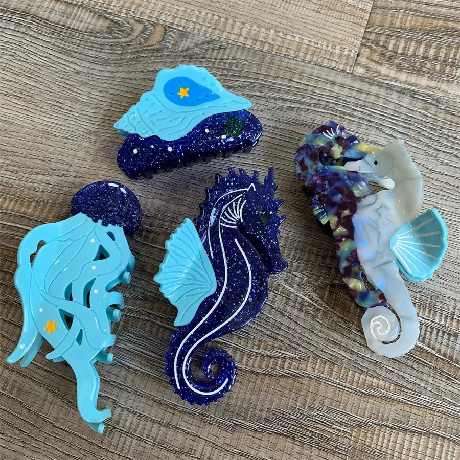 

2025 NEW Blue Marine Animal Series Hair Claw Seahorse Acetate Claw Clips Summer Crab Hair Clips for Women Girls Hair Accessories
