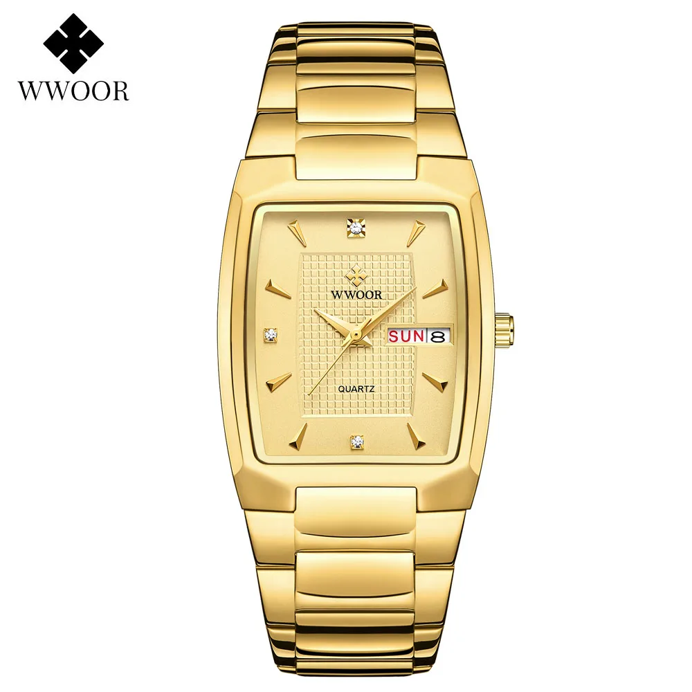 WWOOR 2024 New Design Luxury Watch Men Gold Square Quartz Wristwatches Business Waterproof Automatic Week Date Relogio Masculino