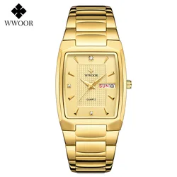 WWOOR-Reloj de pulsera de cuarzo cuadrado dorado para hombre, cronógrafo de negocios, resistente al agua, automático, con fecha de semana, nuevo diseño, 2023