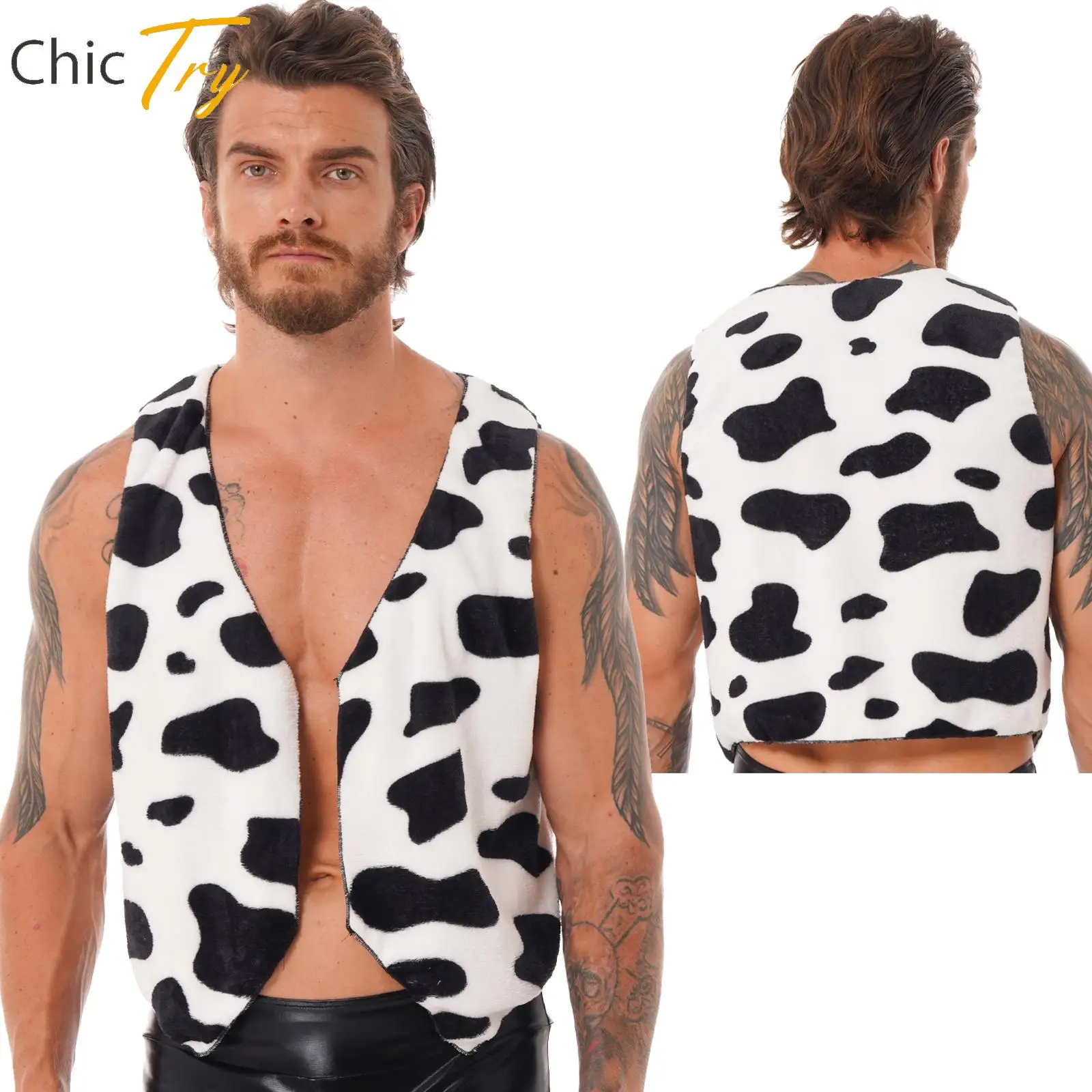 

Festival Mens Fancy Dress Ball Costume Sleeveless Vest Cow Printed Flannel Waistcoat Tops Halloween Performance Cosplay Costumes