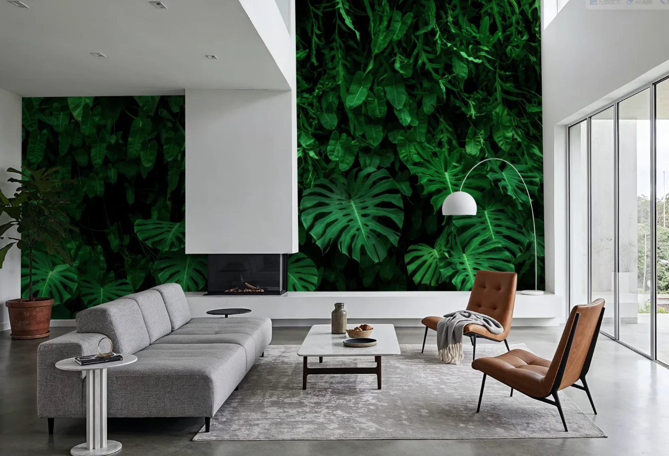 Custom sized mural with tropical green plant tapestry, dark green turtle backed bamboo leaf white flower wallpaper decorative
