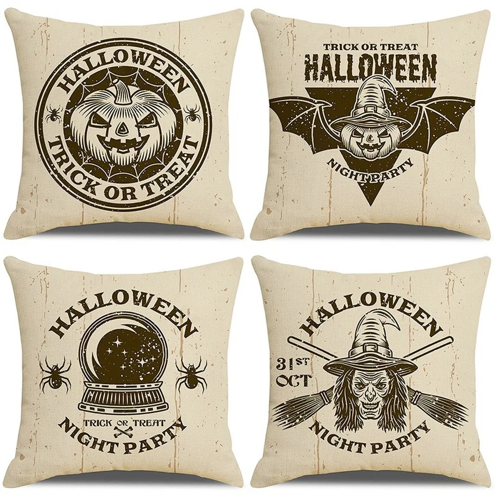 

2022 Home Decoration Holiday Cushion Cover 45x45cm Square Decor Throw Pillow Cover Happy Halloween Retro Style Linen Pillow Case