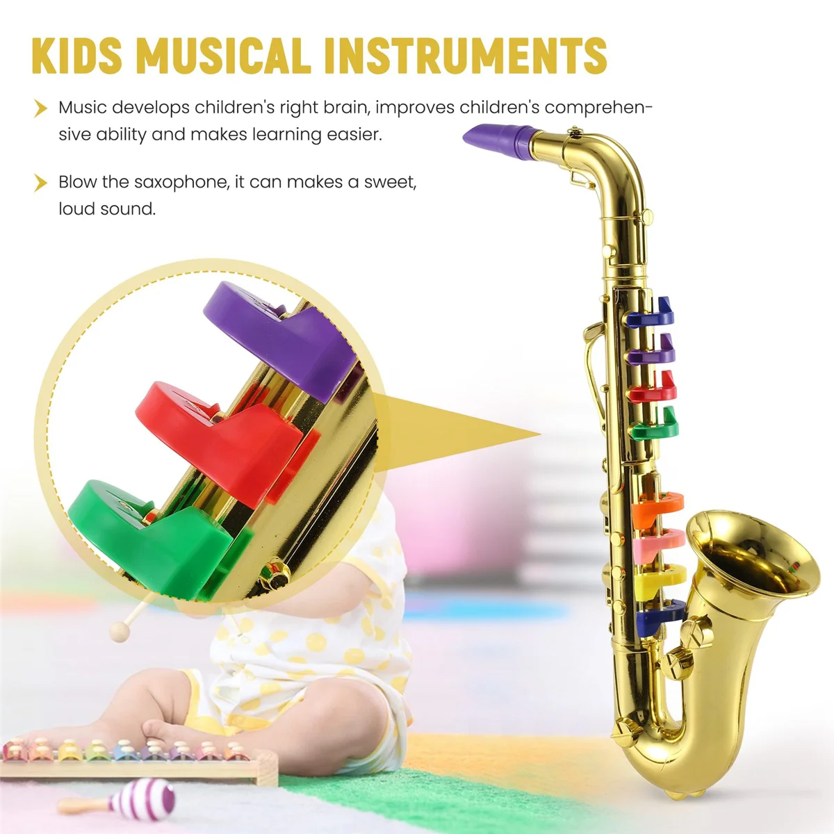 Saxophone 8 Colored Keys Metallic Simulation Props Play Mini Musical Wind Instruments for Children Birthday Toy Gold