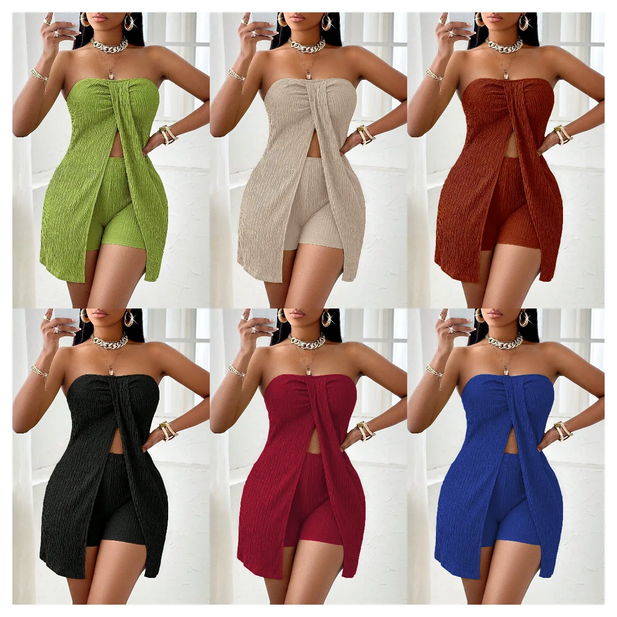 

Комплект из топа без бретелек и шорт Pure Color Strapl Top And Shorts Set Ele Sle, женская повседневная спортивная одежда, подходит для весеннего сезона, подходит для всех сезонов