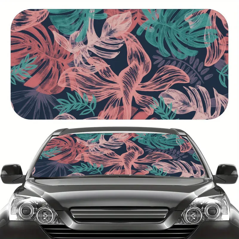1pc Colorful Leaf Line Art Print Car Sunshade, Effectively Blocks Ultraviolet Rays, Easy To Install, Suitable For Various Car M