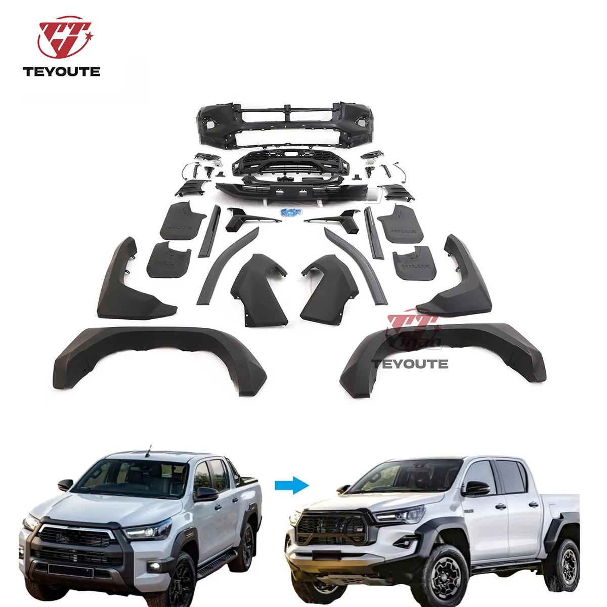 

Комплект для рестайлинга 4x4: передний бампер и решетка радиатора GR для Hilux Revo 2021-2024 (модифицированный обвес)