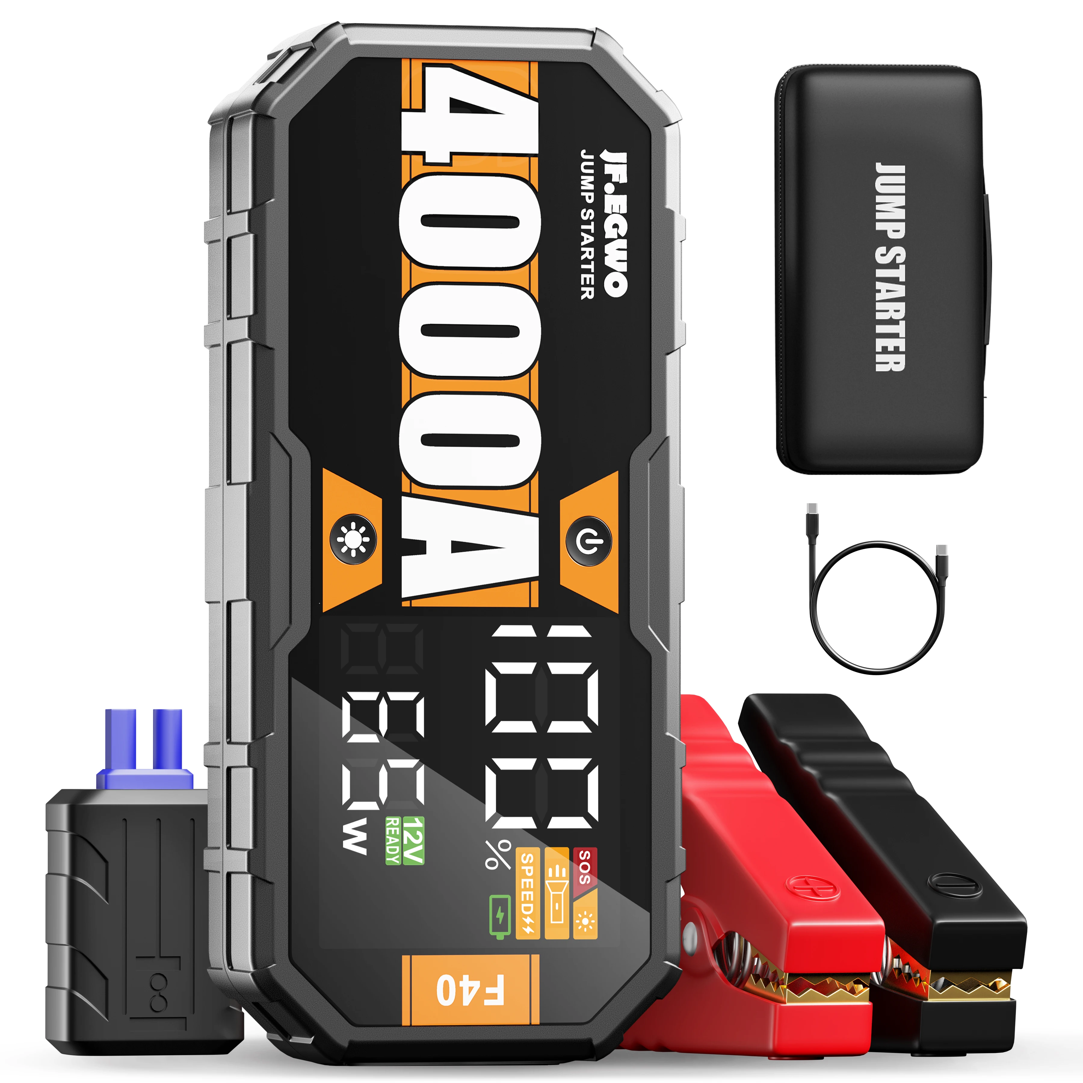 

JFEGWO 12V Jump Box 4000A, 15000mAh Battery Booster Pack for Up to 10.0L Gas/6.5L Diesel, Smart LCD Clamps, DC Output, Portable Power Bank with SOS Light