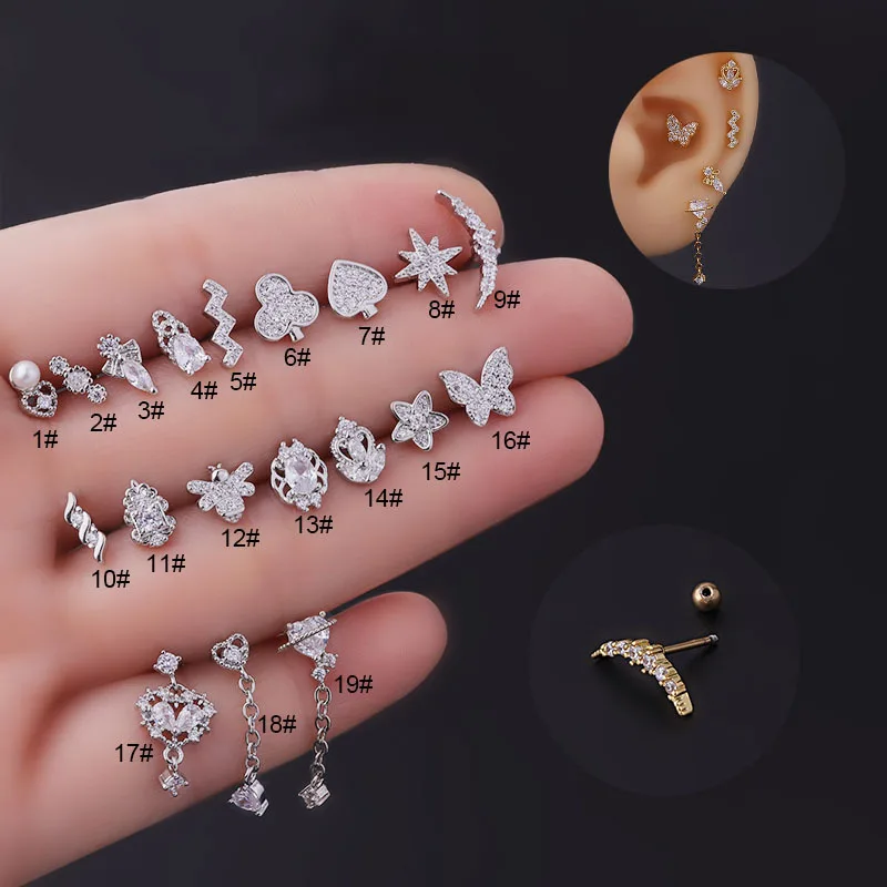 38pcs Fashion Crystal Zircon Ear Bone Nails 20G Thin Bar Stainless Steel Piercing Screw Ball Stud Earrings for Women