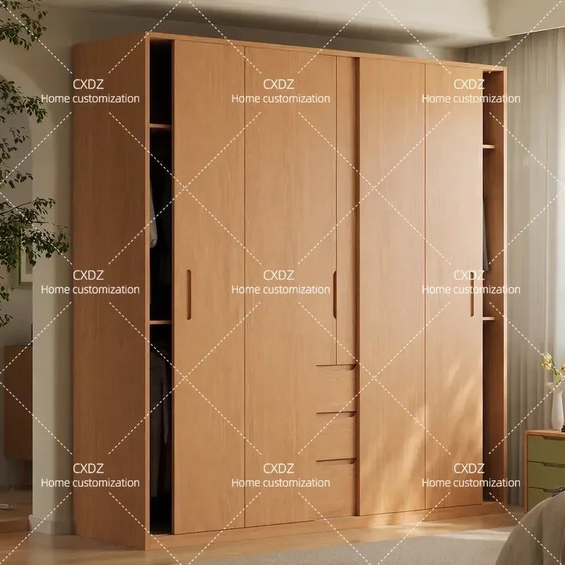 Oak Solid Wood Sliding Door Wardrobe Bedroom Storage Cabinet Nordic Log Color Small Apartment Closet