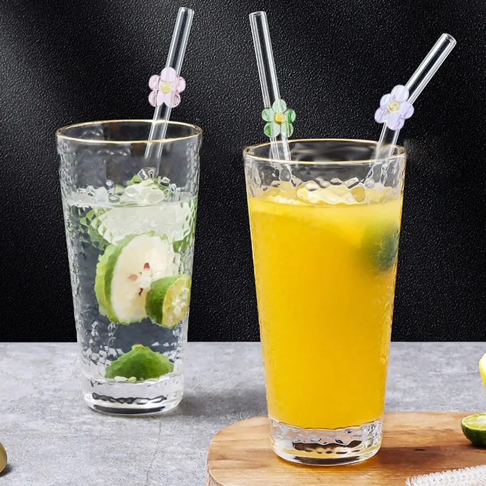 Glass Flower Glass Straws Transparent Heat-resistant Straight Bend Straws Drinkware Reusable Drinking Straw for Bar Accessories