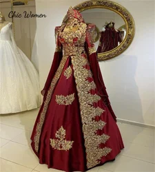Gorgeous Caftan Moroccan Evening Dress With Gold Lace A Line Long Sleeve Beaded Albanian Abayas Prom Dress Engagement Customized