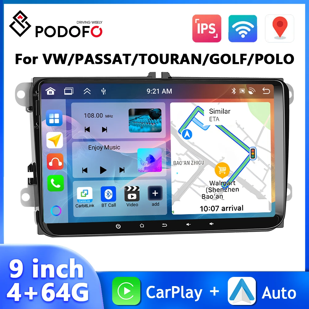 Podofo 4+64G 9'' Car Radio For VW Passat Golf MK5 MK6 Jetta Multimedia Player Carplay Android Auto GPS Navigation WIFI Car Audio