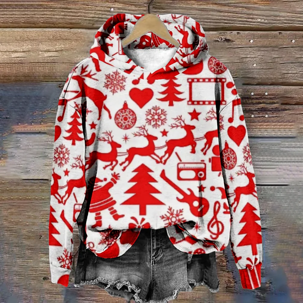 Christmas Hoodie Deer Print Red Pullover for Women Fashion Harajuku Long Sleeve Sweatshirt Party Wear