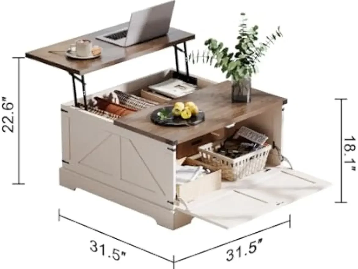 Farmhouse Coffee Table with Hidden Storage, Large Square Center Coffee Table with Lifting Top and Flip Drawer, Wood Rus