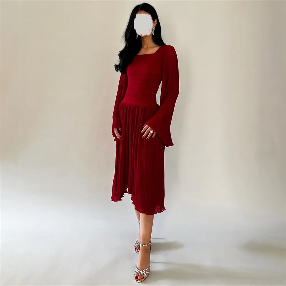 Simple Pleat Classic Evening Dress For Woman Full Sleeve Tea Length Vintage Long Elegant Dark Red Long Ball Woman Gown 2024