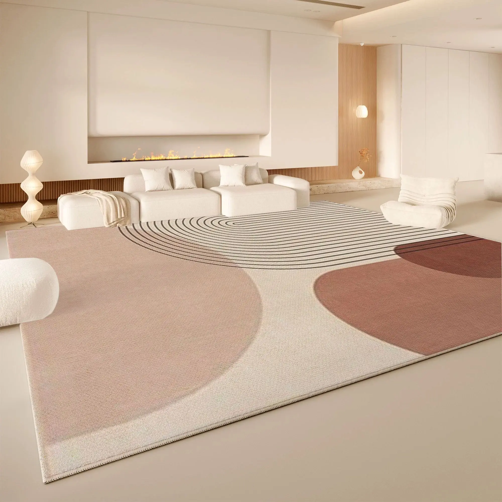 VIKAMA Cream Curved Line Area Rug Non Slip Washable Living Room Carpet Neutral Minimalist Abstract Home Floor Rug