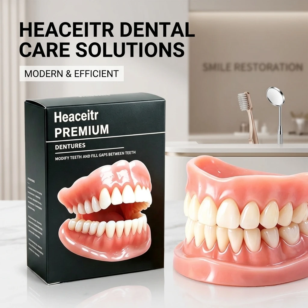 Realistic Silicone Full Dentures Kit Upper & Lower Soft Comfort Natural False Teeth for Seniors Temporary Solution
